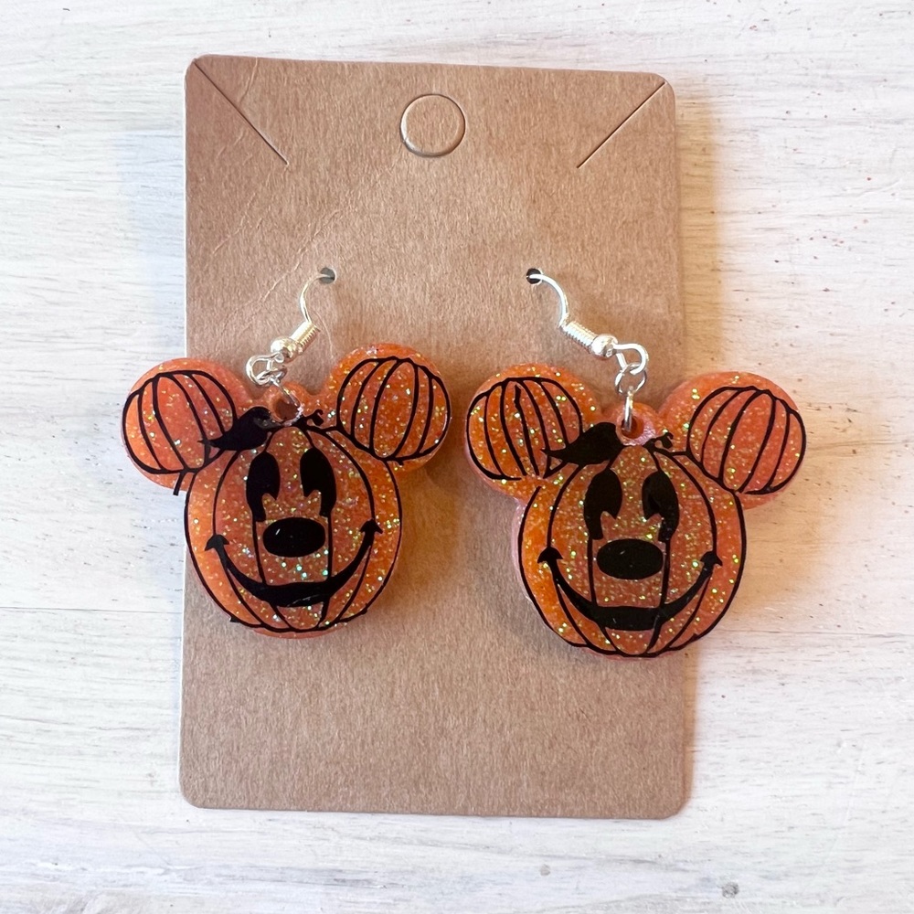 🧡 MICKEY MOUSE Halloween Pumpkin Orange Glitter Lightweight Earrings NEW - Picture 3 of 4